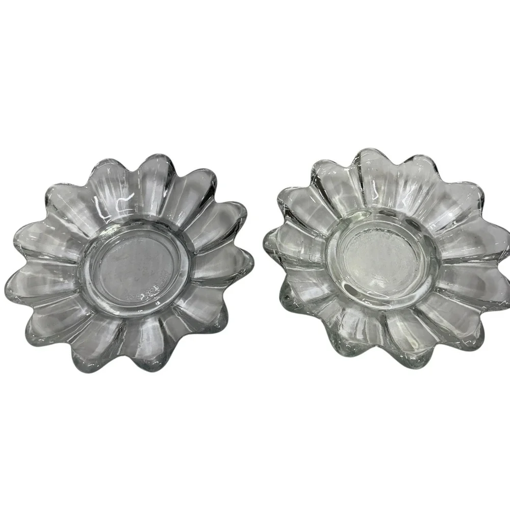 VTg Set of 2 Clear Glass Scalloped Petal Candle Holder Trinket Dish USA Made